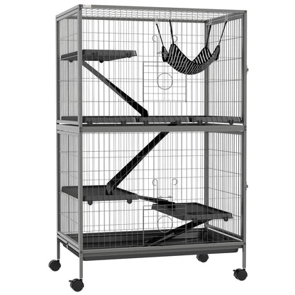 Cușcă pentru Rozătoare cu 4 Intrări la Nivele Multiple cu Hamac, din Metal și PP, 80x52x128 cm, Argintiu și Gri
