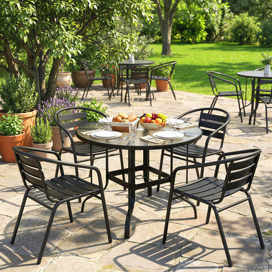 Masă de Grădină Rotundă cu Orificiu pentru Umbrelă, din Metal și Sticlă Temperată, Ø96,5x71 cm, Neagră