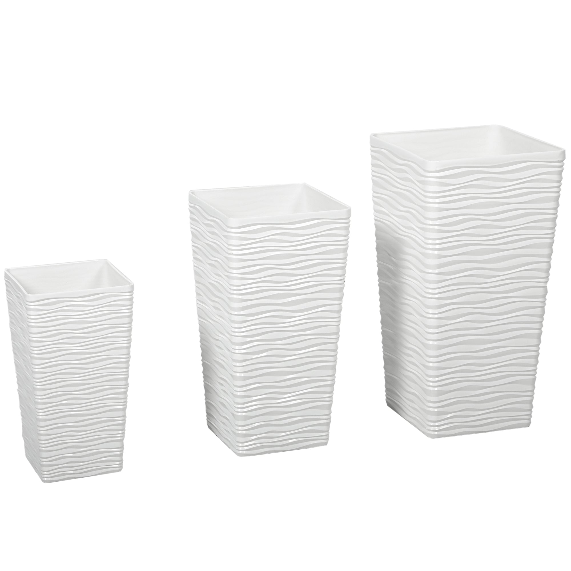 Set 3 Ghivece de Exterior Suprapozabile cu Model Ondulat din Plastic, 42/55/65 cm, Alb