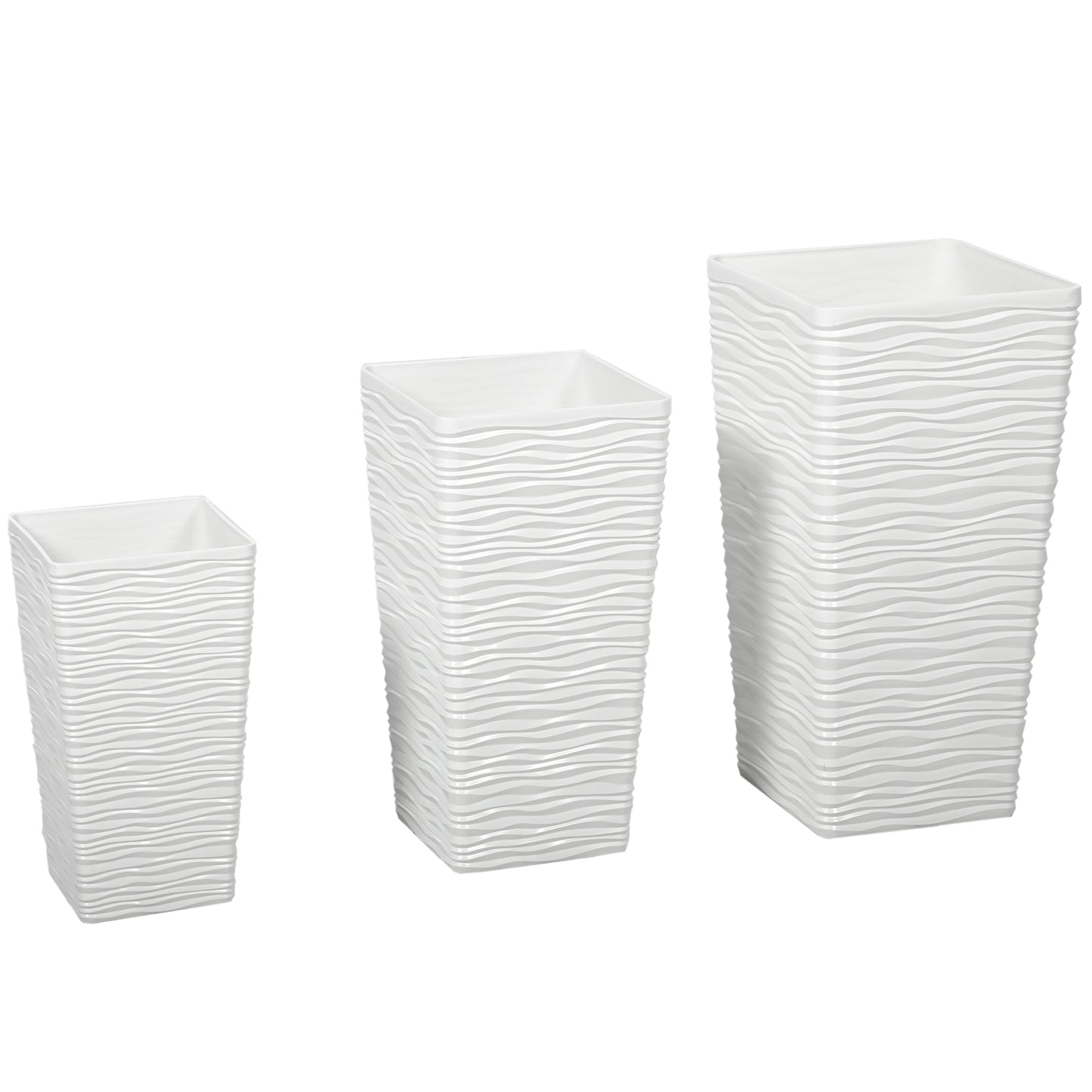 Set 3 Ghivece de Exterior Suprapozabile cu Model Ondulat din Plastic, 42/55/65 cm, Alb