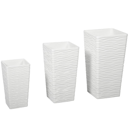 Set 3 Ghivece de Exterior Suprapozabile cu Model Ondulat din Plastic, 42/55/65 cm, Alb