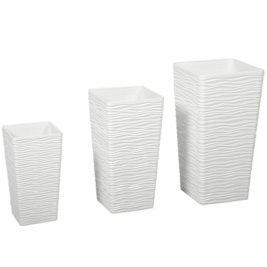 Set 3 Ghivece de Exterior Suprapozabile cu Model Ondulat din Plastic, 42/55/65 cm, Alb