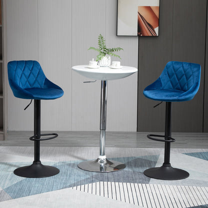 set 2 scaune de bar din efect de catifea,scaune insula bucatarie cu inaltime reglabila si pivotant, 51.5x48x83-104 cm, albastre