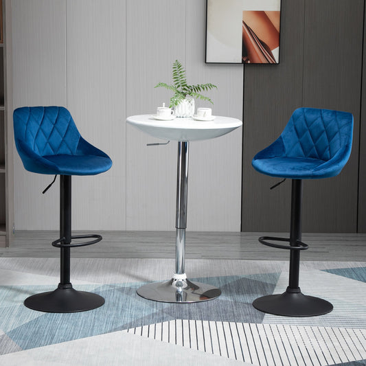 set 2 scaune de bar din efect de catifea,scaune insula bucatarie cu inaltime reglabila si pivotant, 51.5x48x83-104 cm, albastre