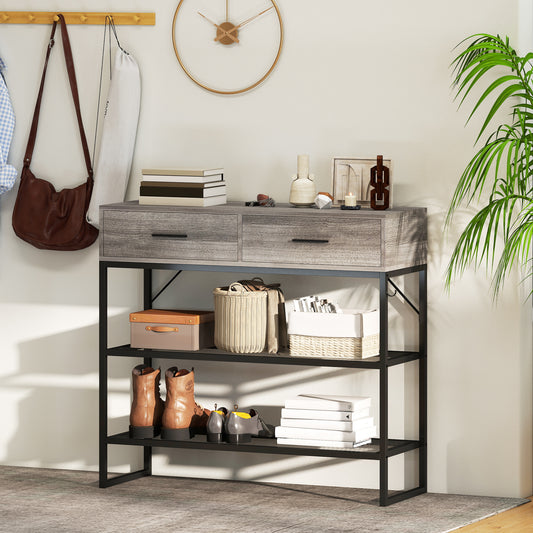 Consolă de Intrare cu 2 Sertare, 2 Rafturi din Plasă și Cârlig Lateral, Consolă în Lemn și Metal, Măsuță de Intrare pentru Dormitor, 100x35x92 cm, Gri Deschis