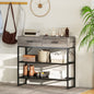 Consolă de Intrare cu 2 Sertare, 2 Rafturi din Plasă și Cârlig Lateral, Consolă în Lemn și Metal, Măsuță de Intrare pentru Dormitor, 100x35x92 cm, Gri Deschis