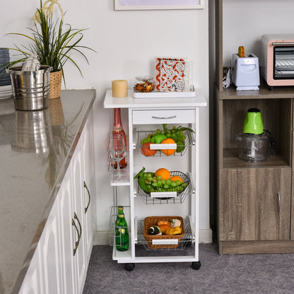 Carucior de Bucatarie cu Economisire de Spatiu din Lemn Alb cu 4 Roti 3 Cosuri Detasabile