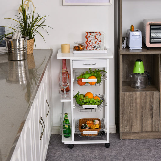 Carucior de Bucatarie cu Economisire de Spatiu din Lemn Alb cu 4 Roti 3 Cosuri Detasabile