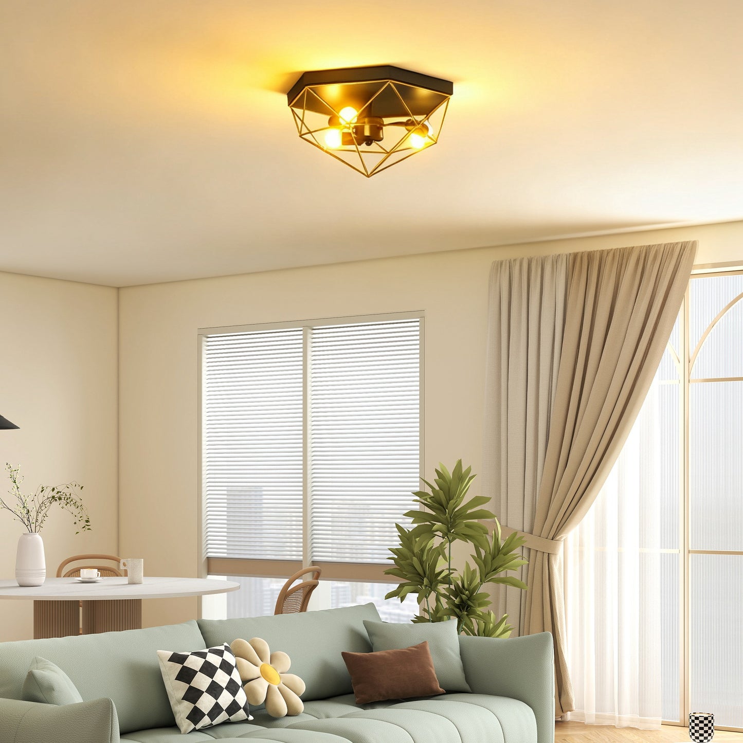 Lampă de Tavan Stil Industrial Geometrică cu 3 Suporturi E27 pentru Becuri LED, Negru și Auriu