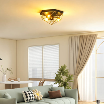 Lampă de Tavan Stil Industrial Geometrică cu 3 Suporturi E27 pentru Becuri LED, Negru și Auriu