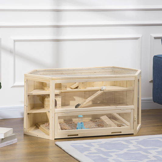 Cusca Hamster Lemn – 3 Niveluri, Acoperis Deschidere 115×60×55 cm