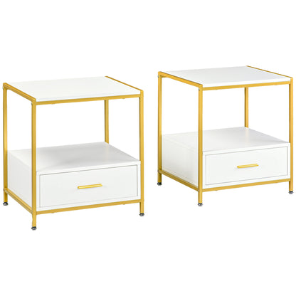 Set de 2 noptiere moderne cu sertar și raft deschis, 50x40x55 cm, alb și auriu