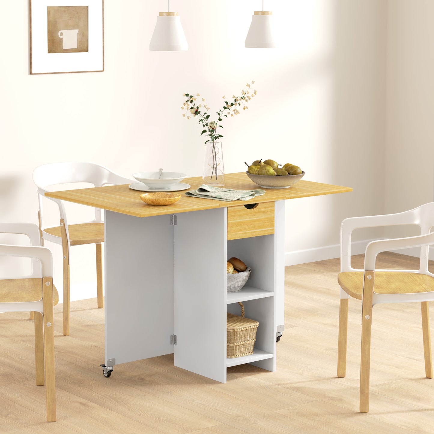 Masă de dining pliabilă pentru 2-4 persoane cu 2 extensii, sertar și rafturi, stejar
