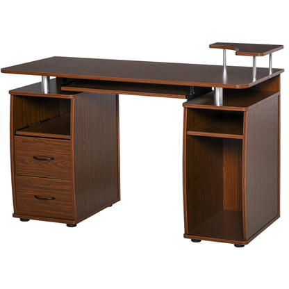 Masă de Birou Modernă cu Suport pentru Computer, Sertare, Poliță Extensibilă și Suport pentru Tastatură, 120x55x85 cm, Maro