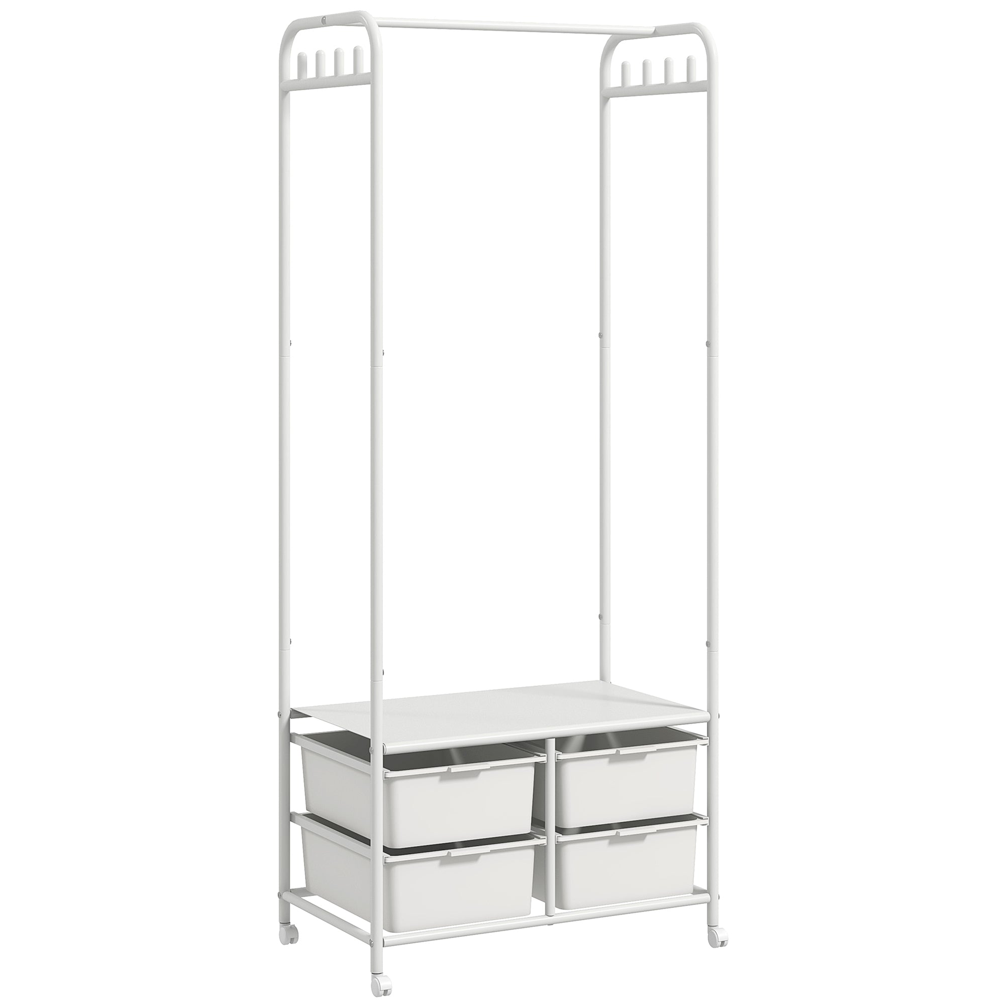 Suport de Haine cu Dulap pentru Pantofi, 4 Coșuri și 8 Cârlige, din Oțel și Plastic, 63x37x153 cm, Alb