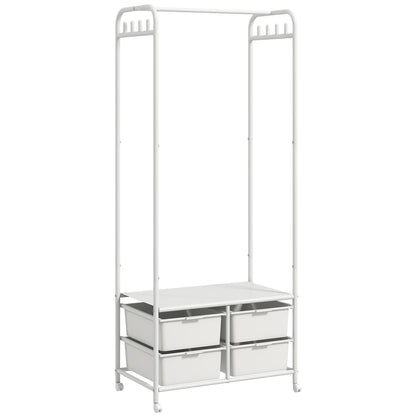 Suport de Haine cu Dulap pentru Pantofi, 4 Coșuri și 8 Cârlige, din Oțel și Plastic, 63x37x153 cm, Alb