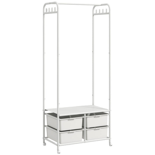 Suport de Haine cu Dulap pentru Pantofi, 4 Coșuri și 8 Cârlige, din Oțel și Plastic, 63x37x153 cm, Alb