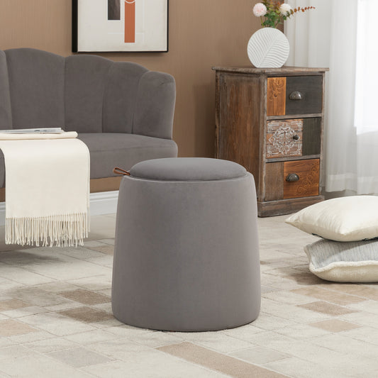Otomana rotunda cu tava superioara, taburet din material textil cu atingere catifea, masuta de cafea mica cu depozitare pentru sufragerie, dormitor, gri inchis