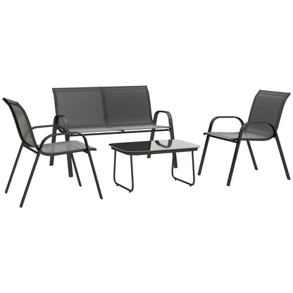 Set de Grădină  cu Divan de 2 Locuri, 2 Fotolii Stivuibile și Măsuță din Sticlă, Negru