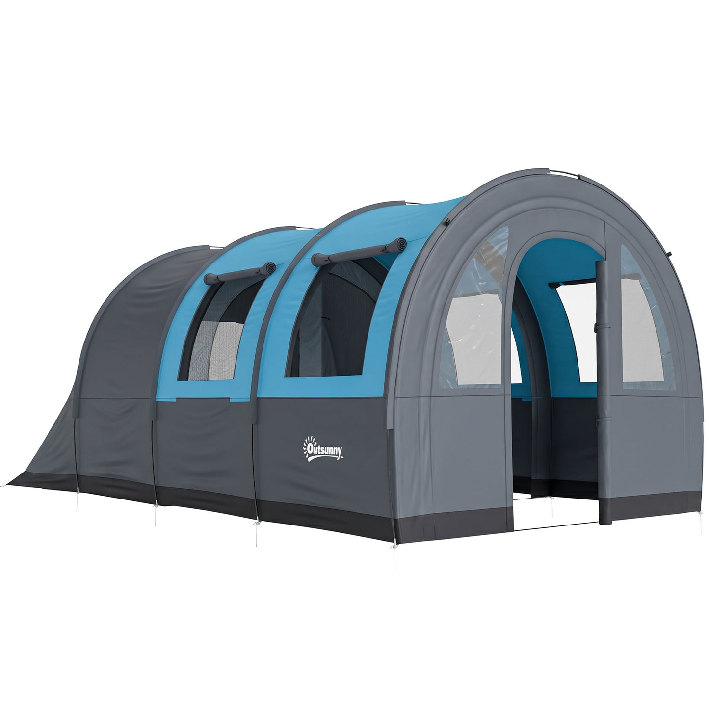 Cort de Camping pentru 3 Persoane, Impermeabil, cu Zonă de Dormit și Zonă de Zi, din Poliester, 480x260x200 cm, Gri și Albastru