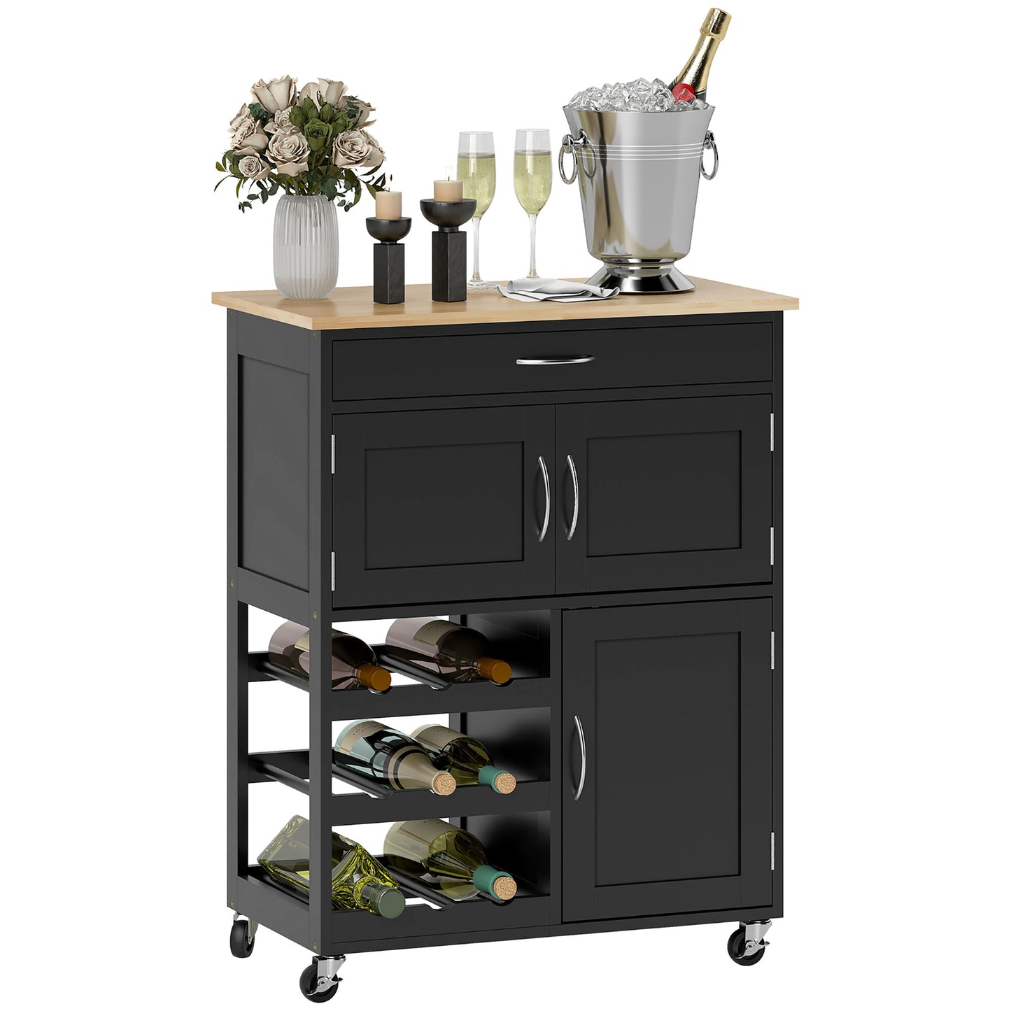 Carucior de Bucătărie din Lemn cu Suport pentru Sticle, 3 Uși și Sertar, 67x37x87 cm, Negru și Stejar
