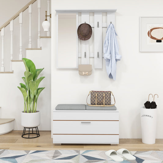 Set Hol 4‑in‑1 – Banca cu Scaun, Cuiere & Oglinda Alb