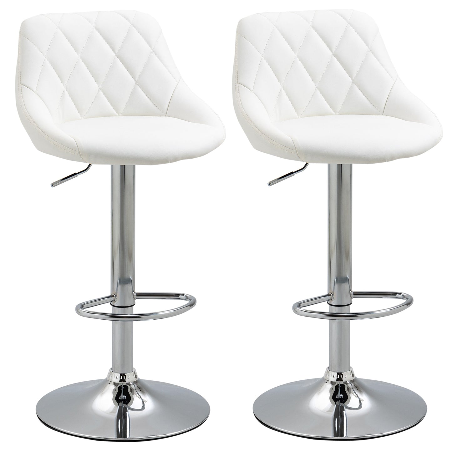 Set 2 Scaune de Bar Pivotante și Reglabile pentru bucătării și baruri, din Piele Ecologică, cu Cusături Diamant, 51.5x48x83-104cm, Albă