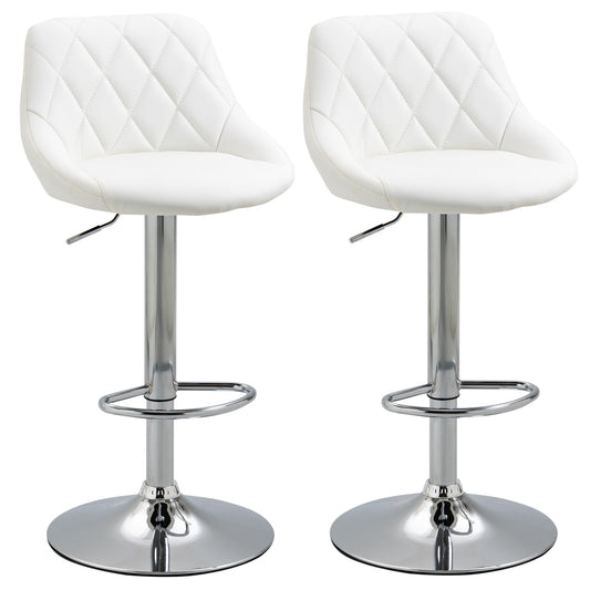 Set 2 Scaune de Bar Pivotante și Reglabile pentru bucătării și baruri, din Piele Ecologică, cu Cusături Diamant, 51.5x48x83-104cm, Albă