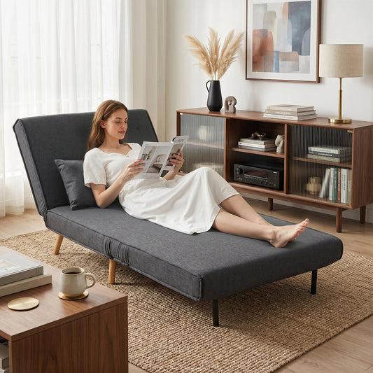 Fotoliu Extensibil 3 în 1 cu Spătar Reglabil pe 3 Niveluri și Pernă, Material Textil cu Aspect de In, Gri