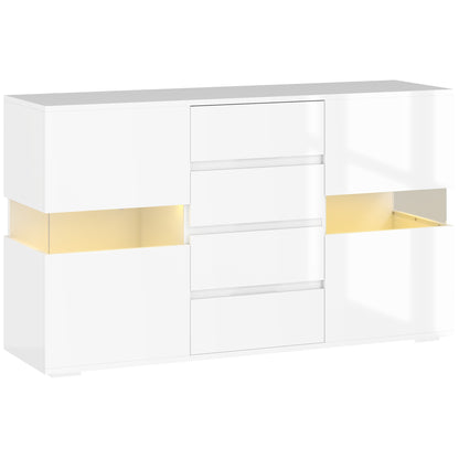 Bufet cu Lumini LED Reglabile prin Telecomandă, Mobilier de Sufragerie cu 4 Sertare și 2 Dulapuri, 120x34x70 cm, Alb