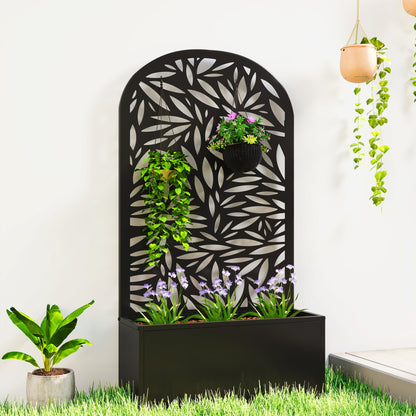 Jardinieră Elevată de Exterior, Jardinieră cu Suport Decorativ Arcuat cu Motive de Frunze pentru Plante Cățărătoare din Metal, Montare pe Perete sau Independentă, pentru Plante și Flori, 61x23x113 cm, Negru