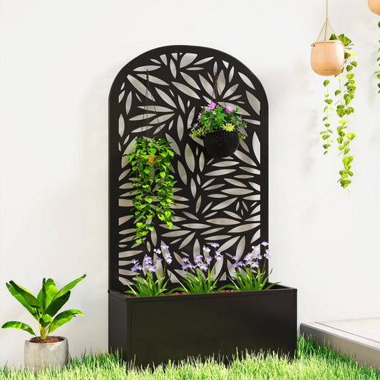 Jardinieră Elevată de Exterior, Jardinieră cu Suport Decorativ Arcuat cu Motive de Frunze pentru Plante Cățărătoare din Metal, Montare pe Perete sau Independentă, pentru Plante și Flori, 61x23x113 cm, Negru