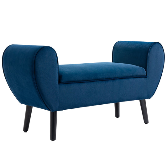 Banca Depozitare Capitonata pentru Dormitor si Hol, Banca Capatul patului din Tesatura Catifelata cu Cotiere, 118x42x66cm, Albastru inchis