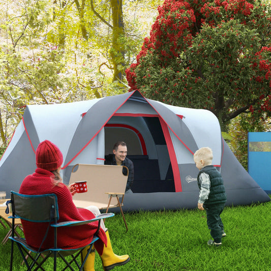 Cort de Camping pentru 4 Persoane Impermeabil cu Ferestre și Stâlpi din Fibră de Sticlă, 4.55x2.3x1.8 m, Gri