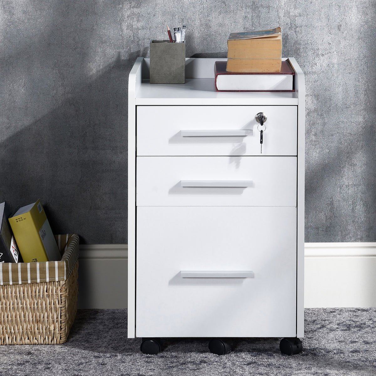 Comoda Birou 3 Sertare – Cu Etajera & 5 Roti, Alb Modern
