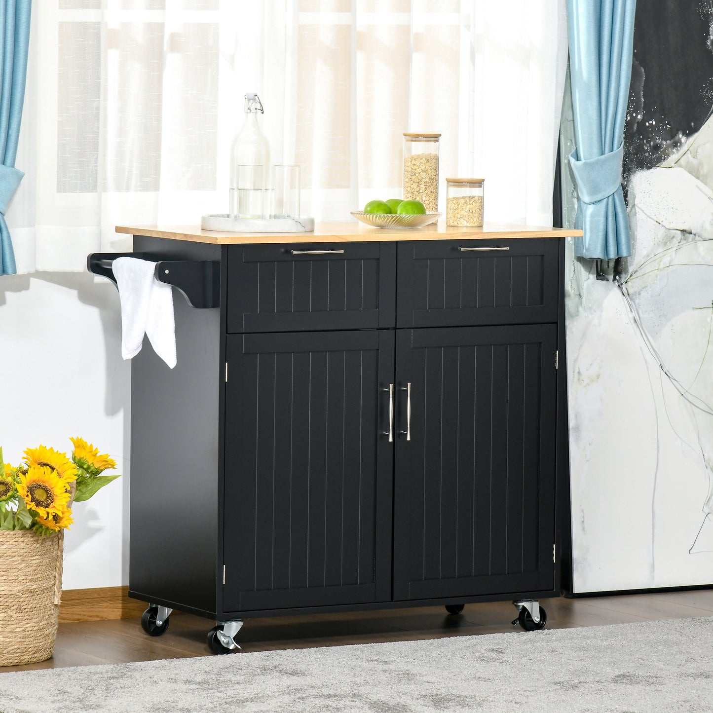 Carucior de bucatarie multifunctional din lemn cu 2 sertare, dulapior si 4 roti, 104x46x91cm, negru
