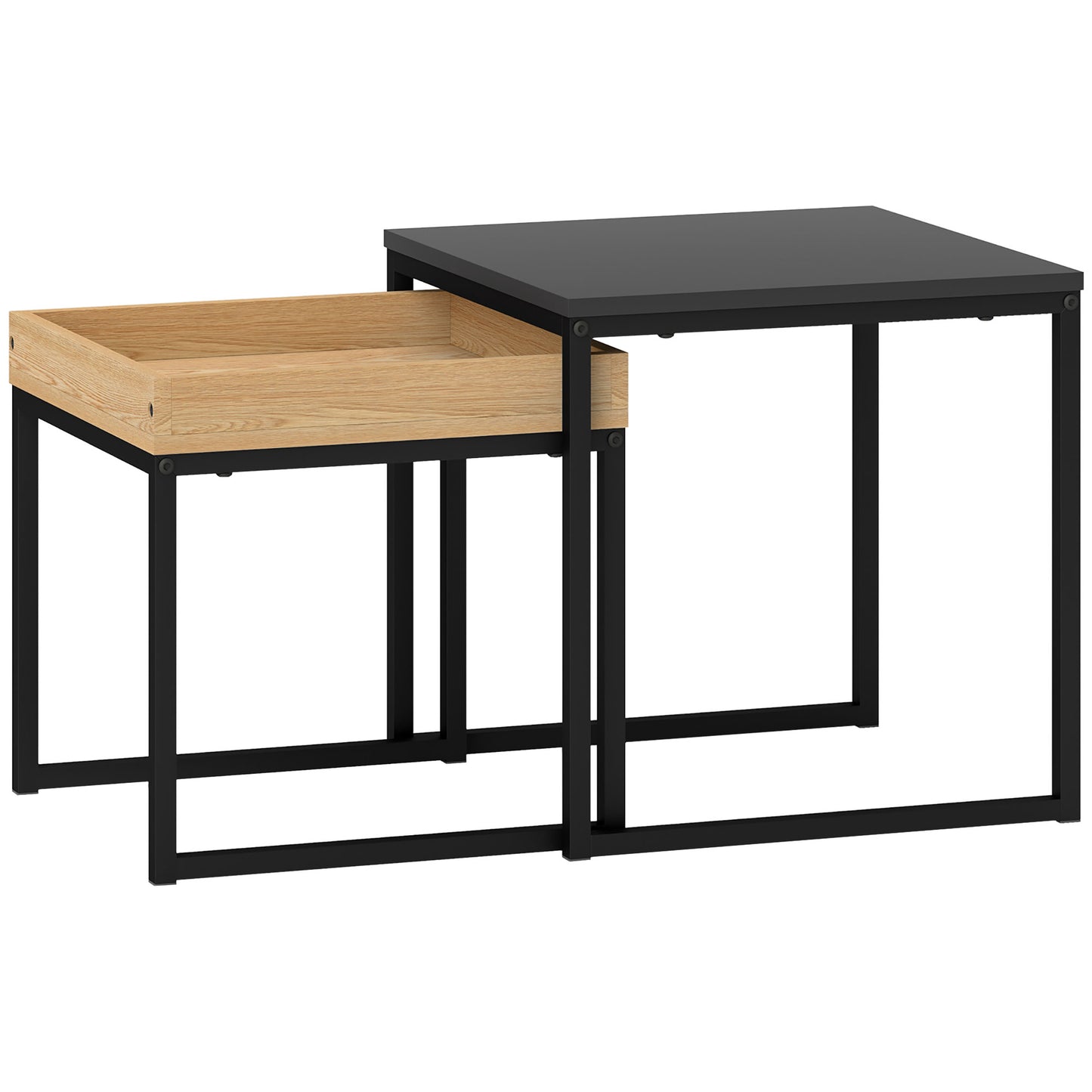 Set 2 măsuțe de cafea moderne cu picioare în formă de U, din lemn și oțel, 45x45x45 cm și 40x40x40 cm, negru