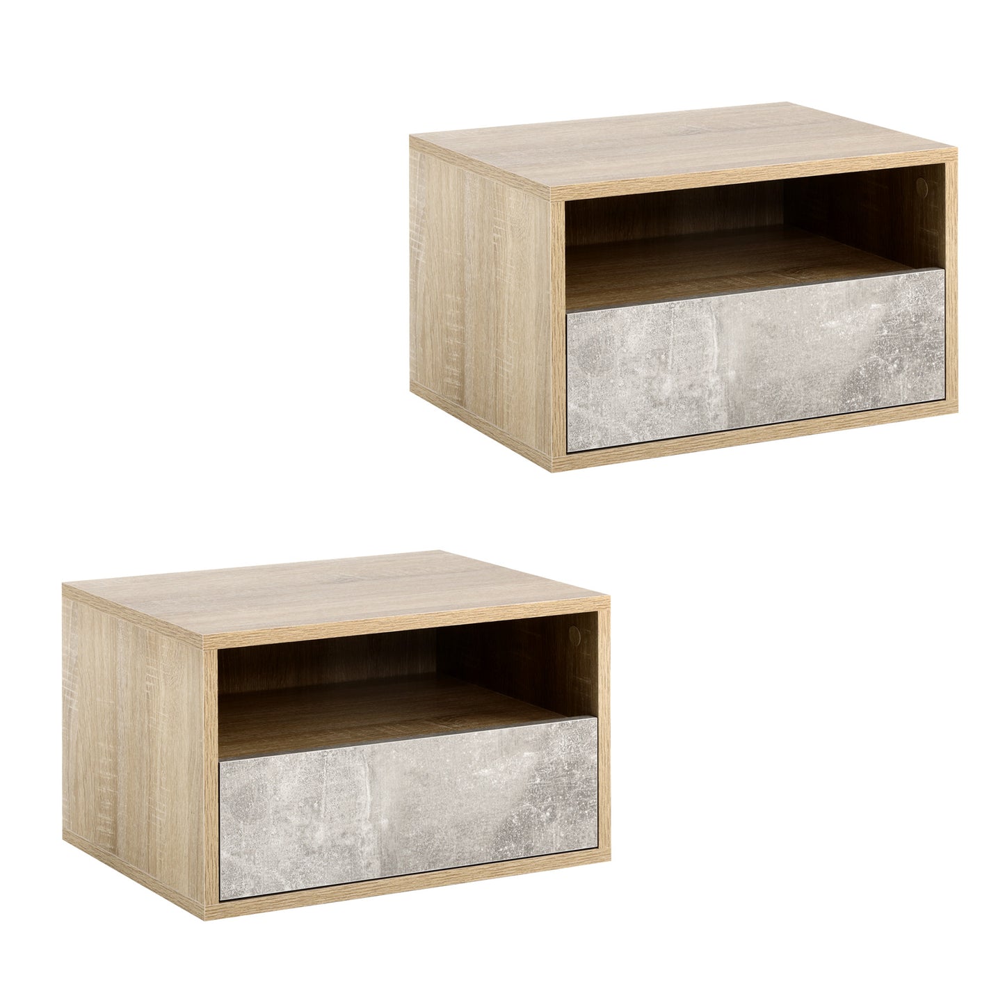 Set de 2 Noptiere Suspendate cu Sertar si Etajera 45x35x27.5cm - Gri/Culoare Lemn