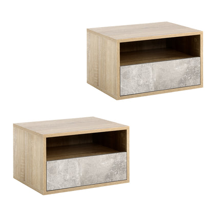 Set de 2 Noptiere Suspendate cu Sertar si Etajera 45x35x27.5cm - Gri/Culoare Lemn