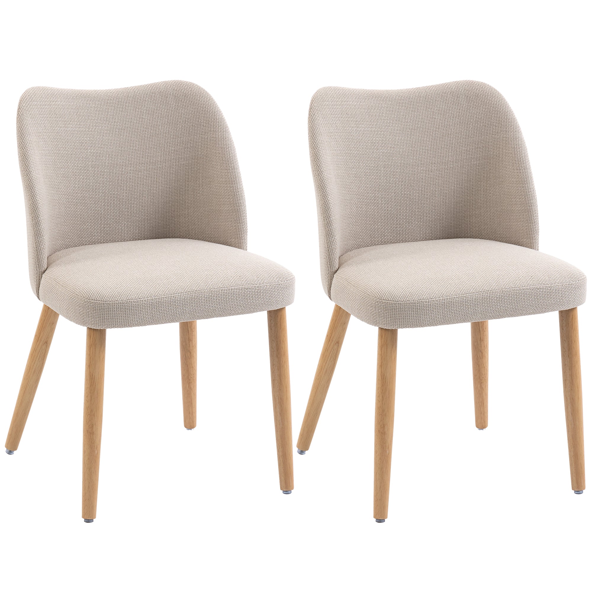 Set de 2 Scaune de Masă Moderne, Scaune de Bucătărie cu Tapițerie din In, Șezut Imbătut, Spătar Curbat, Picioare din Lemn de Cauciuc, Ușor de Asamblat, Alb Crem