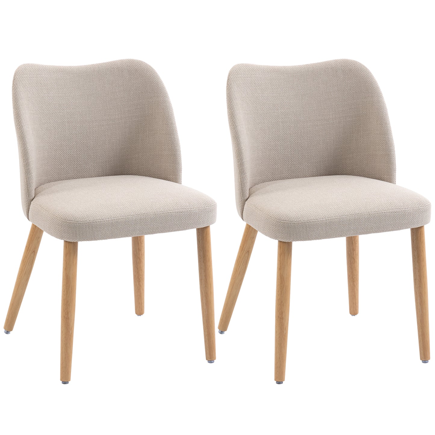 Set de 2 Scaune de Masă Moderne, Scaune de Bucătărie cu Tapițerie din In, Șezut Imbătut, Spătar Curbat, Picioare din Lemn de Cauciuc, Ușor de Asamblat, Alb Crem
