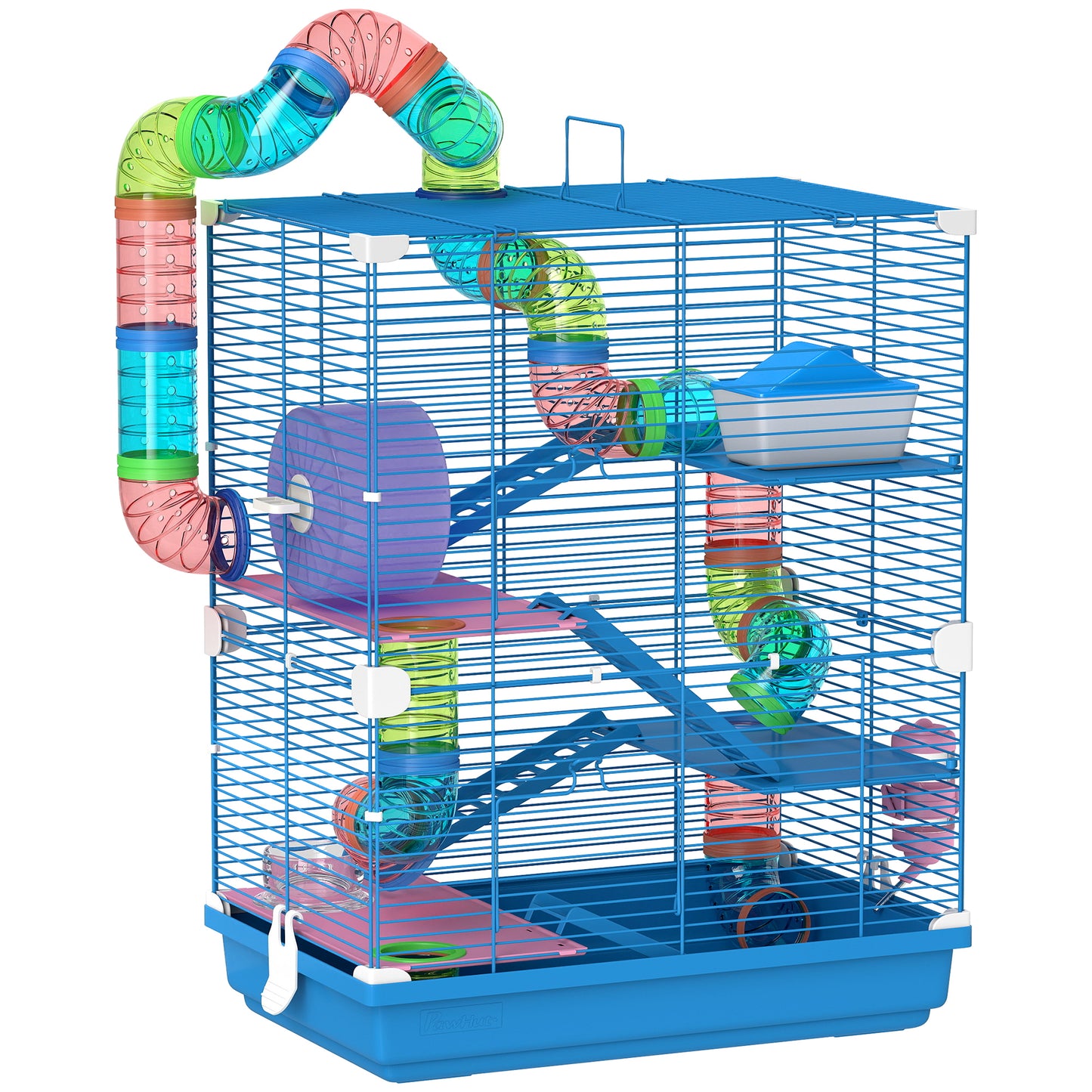 Cușcă pentru Hamsteri pe 5 Nivele cu Tuburi și Roată din Metal și Plastic Albastru