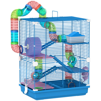 Cușcă pentru Hamsteri pe 5 Nivele cu Tuburi și Roată din Metal și Plastic Albastru