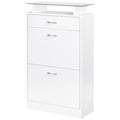 Dulap pentru Pantofi cu 2 Uși pe 2 Niveluri, Sertar și Raft din Sticlă, Dulap pentru Pantofi, 60x24x105,5 cm, Alb