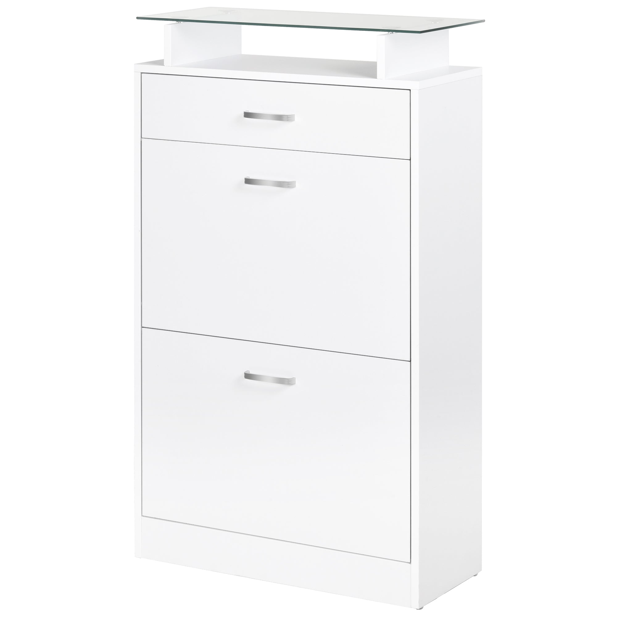 Dulap pentru Pantofi cu 2 Uși pe 2 Niveluri, Sertar și Raft din Sticlă, Dulap pentru Pantofi, 60x24x105,5 cm, Alb