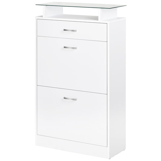 Dulap pentru Pantofi cu 2 Uși pe 2 Niveluri, Sertar și Raft din Sticlă, Dulap pentru Pantofi, 60x24x105,5 cm, Alb