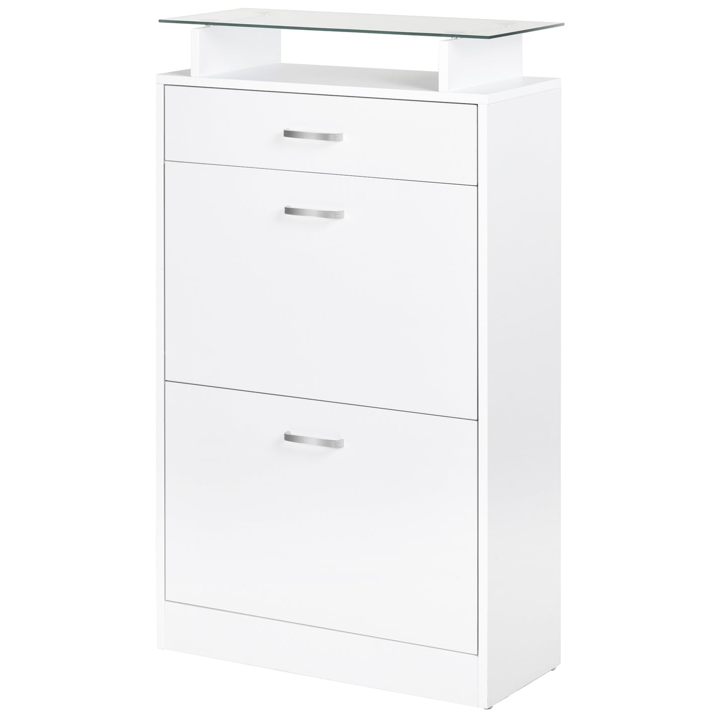 Dulap pentru Pantofi cu 2 Uși pe 2 Niveluri, Sertar și Raft din Sticlă, Dulap pentru Pantofi, 60x24x105,5 cm, Alb
