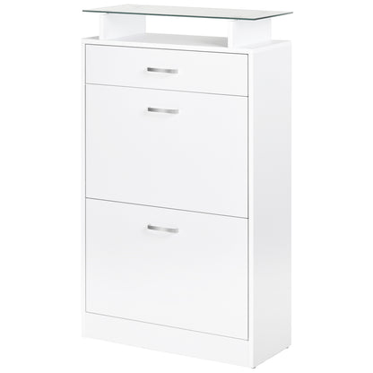 Dulap pentru Pantofi cu 2 Uși pe 2 Niveluri, Sertar și Raft din Sticlă, Dulap pentru Pantofi, 60x24x105,5 cm, Alb