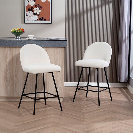 Set 2 Scaune de Bar cu Spatar din Catifea si Suport pentru Picioare, 48.5x56x92 cm, Alb Crem