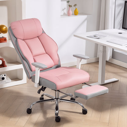 Scaun de birou ergonomic cu brațe reglabile, suport pentru picioare și tetieră, roz